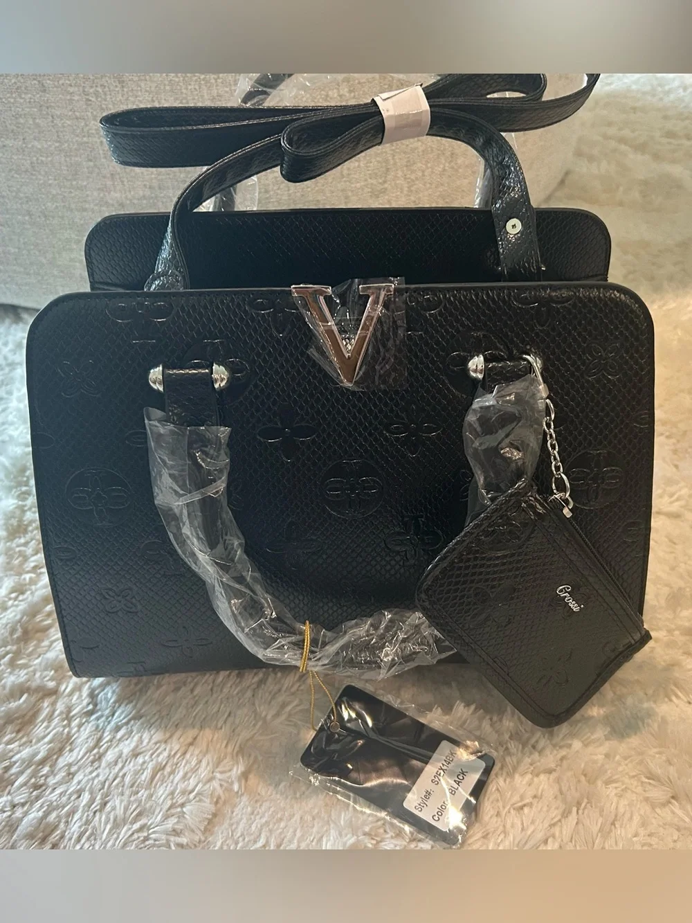 Crossi Like Dreams Elegant Black Embossed Satchel with Detachable Pouch